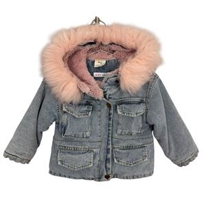 Alex & Nova Holly Denim Jacket Girls 2T Blue Jean Pink Faux Fur Hood Fuzzy EUC!